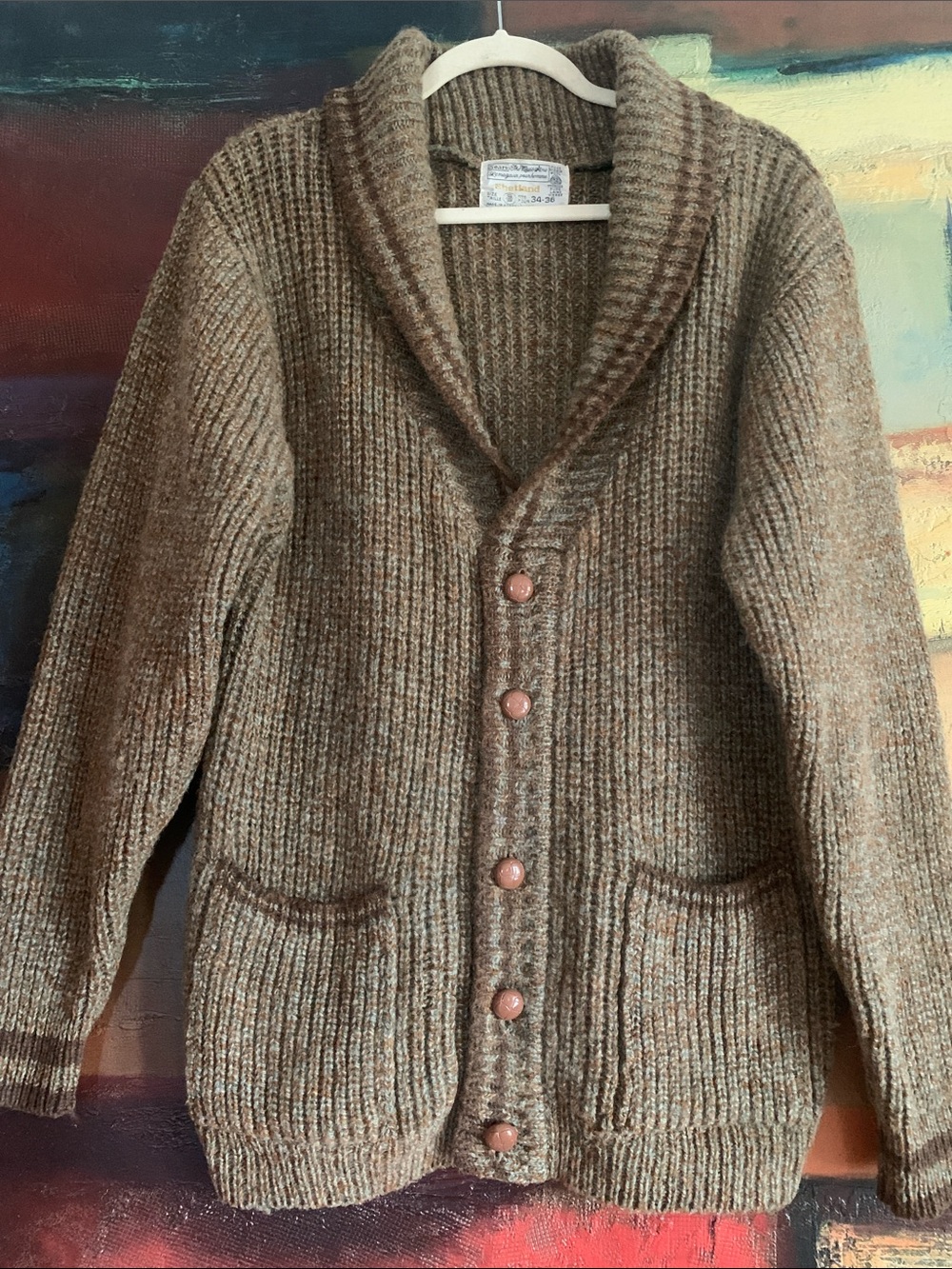 Vintage Sears The Men's Store Shetland Wool Shawl Cardigan, Sz Small